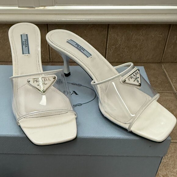 NWB PRADA White and Clear Leather Mules/Slides/Sandals Heels Size 38 - Picture 1 of 8